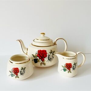Vintage Sadler England Rose Teapot Set w/ Creamer & Sugar Bowl